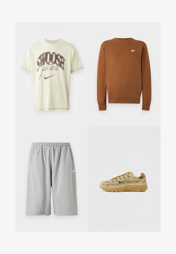 Bruine lange mouwen Nike sweater met ronde hals en klein wit logo op de linkerborst, afgebeeld op een effen lichtgrijze achtergrond.; Lichtgele katoenen T-shirt met een ontspannen pasvorm, voorzien van bruine grafische tekst "SWOOSH" en "just do it" samen met een Nike swoosh-logo.; Grijze katoenen shorts met een elastische tailleband, voorzien van een losse pasvorm en een klein wit logo vlakbij de zoom. Gladde textuur, boven-knielengte.; Beige sportschoen met gestructureerde suède en meshpanelen, contrasterende bruine veters en een robuust rubberen zool. Voorzien van een prominent logo.