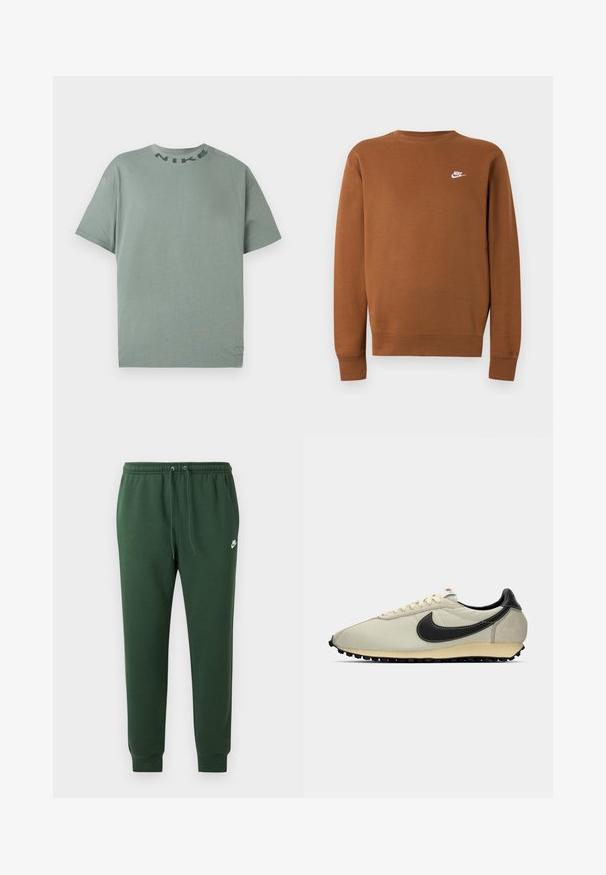 Bruine lange mouwen Nike sweater met ronde hals en klein wit logo op de linkerborst, afgebeeld op een effen lichtgrijze achtergrond.; Lichtgroene korte mouwen Nike t-shirt met ronde hals en zwarte "NIKE" tekst nabij de kraag, weergegeven op een effen witte achtergrond.; Donkergroene Nike joggingbroek met elastische tailleband, trekkoord, geribde enkels en klein wit Nike-logo op de linker dij.; Beige canvas sneaker met zwarte leren accenten, ronde teen, platte zwarte buitenzool en witte veters. Beschikt over een opvallend zwart logo.