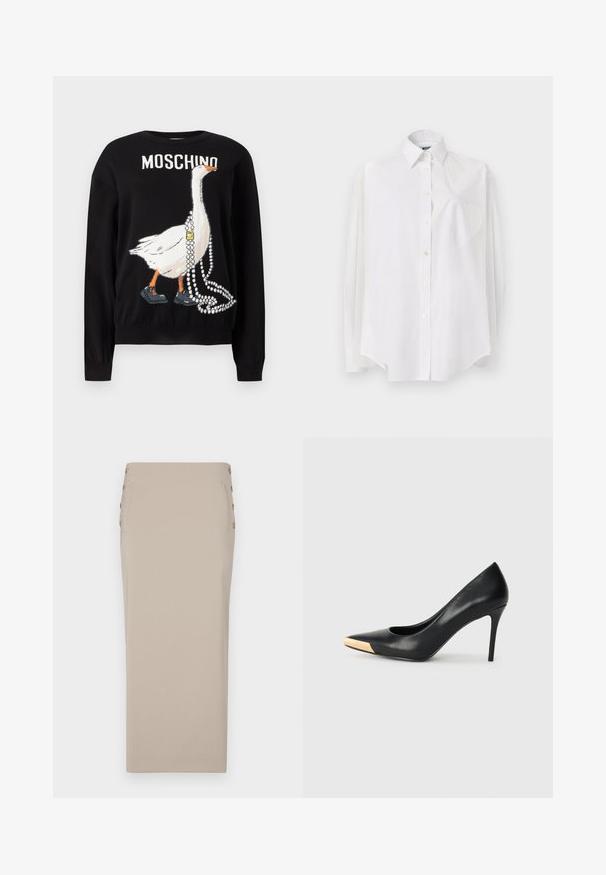 Jersey negro con una ilustración de un ganso con zapatos y sosteniendo collares de perlas, con el texto "MOSCHINO" encima.; Camisa blanca de manga larga en tejido ligero que presenta un cuello clásico, cierre de botones y un bolsillo en forma de corazón en el lado izquierdo.; Falda lápiz beige hecha de una tela suave, con botones laterales, una silueta estilizada y sin bolsillos ni patrones visibles.; Zapato de tacón alto de cuero negro con puntera afilada; presenta un detalle metálico dorado en la tapa del tacón. Superficie lisa con un diseño elegante.