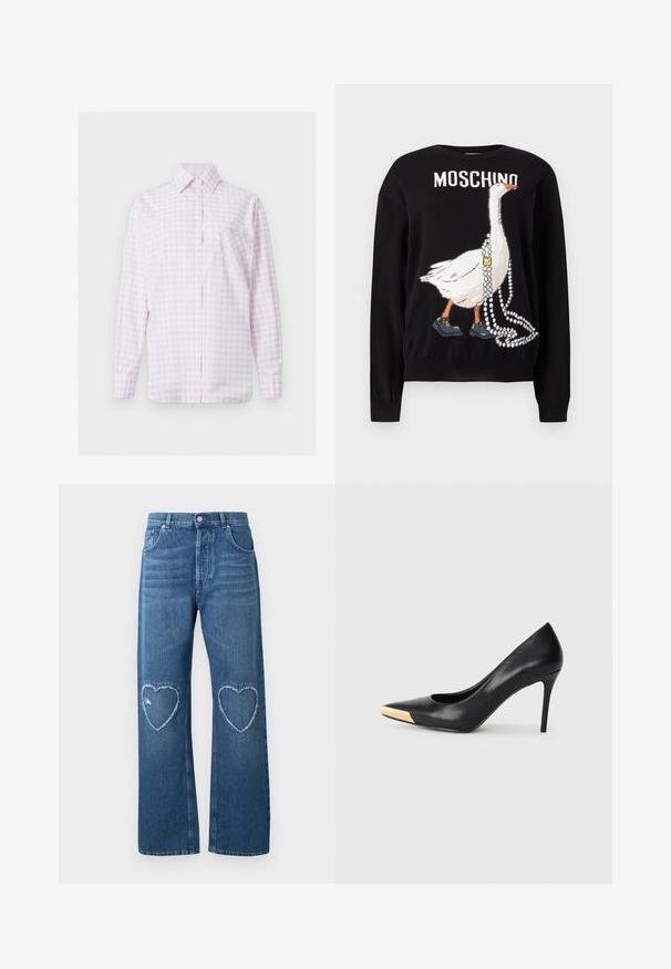 Pull noir avec une illustration d'une oie portant des chaussures et tenant des colliers de perles, avec le texte "MOSCHINO" au-dessus.; Chemise à manches longues à carreaux rose clair et blanc, boutonnée sur le devant, avec col pointu et poche en forme de cœur cousue sur la poitrine gauche.; Jean en denim bleu à jambes larges, taille haute, avec des patchs en forme de cœur effilochés sur les deux genoux, bouton et poches à l'avant.; Pompe à talon haut en cuir noir avec bout pointu ; présente une accentuation métallique dorée sur le capuchon. Surface lisse avec un design épuré.