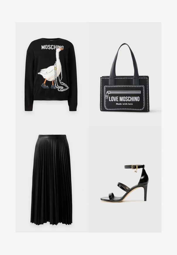 Jersey negro con una ilustración de un ganso con zapatos y sosteniendo collares de perlas, con el texto "MOSCHINO" encima.; Falda plisada negra hecha de material texturizado, con una cinturilla ajustada y pliegues largos y fluidos que llegan a la mitad de la pantorrilla.; Sandalia de charol negro con tres correas, hebilla en el tobillo y tacón de aguja de 10 cm. Presenta detalles de hardware en oro y un charm con el logo.; Bolso tote negro con diseño de borde blanco cosido, gráfico de cremallera frontal y texto impreso "LOVE MOSCHINO Made with love", con doble asa.