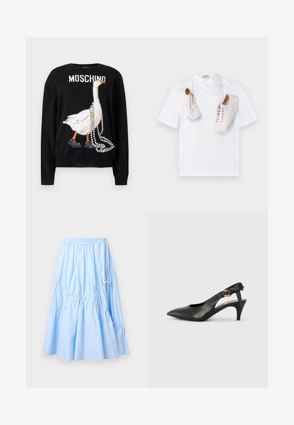Sort sweater med en illustration af en gås iført sko og med perlekæder, med teksten "MOSCHINO" ovenover.; Hvid bomulds-T-shirt med grafisk tryk af beige sneakers med snørebånd. Rund hals og korte ærmer, enkelt og rent design.; Lyseblå midi nederdel med elastisk taljebånd, rynkede detaljer og justerbare snore for en udvidet silhuet.; Sorte læderslingback pumps med spids tå, lille hæl og en spænde detalje på ankelremmen. Glat tekstur, minimalistisk design.