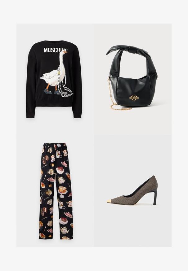 Sort sweater med en illustration af en gås iført sko og med perlekæder, med teksten "MOSCHINO" ovenover.; Sorte stofbukser med et gentaget mønster af tesæt og desserter, med livlige farver og detaljerede illustrationer af kager og bagværk.; Spids tå højhælet sko i brunt mønstret materiale med en metallic guld tåhætte og en sort stilet hæl for ekstra højde.; Sort blød læder Love Moschino håndtaske med knyttet håndtag og guldkæde-strop på hvid baggrund.