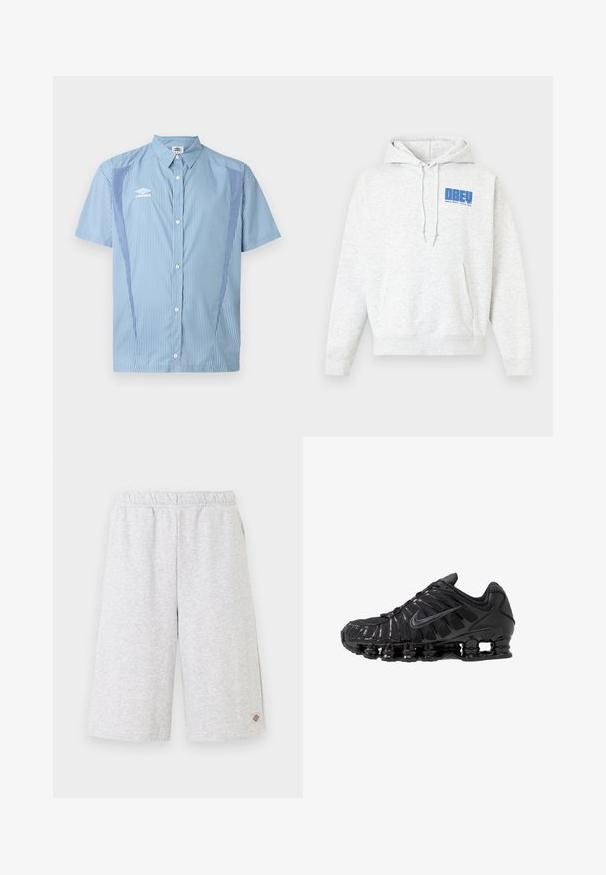 Sweat à capuche gris clair en tissu doux, avec une poche kangourou à l'avant et un texte graphique bleu sur le côté gauche de la poitrine. Capuche à cordon de serrage réglable.; Chemise à manches courtes bleu clair avec fines rayures verticales, panneaux latéraux contrastés et logo Umbro blanc sur la poitrine gauche.; Shorts gris clair longueur genou avec taille élastique et petit logo de la marque sur la partie inférieure de la jambe gauche.; Chaussures de sport noires en mesh et matériaux synthétiques, présentant un design ondulé distinct, une semelle en caoutchouc noire et des accents réfléchissants.