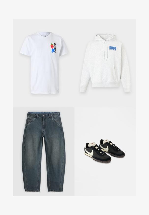 Hellgrauer Hoodie aus weichem Stoff, mit einer vorderen Kängurutasche und blauer Grafikschrift auf der linken Brust. Verstellbare Kapuze mit Kordelzug.; Weißes Baumwoll-T-Shirt mit einem roten Erdbeer-Graphic, einer blauen Handillustration und dem Wort "OBEY" in Schwarz auf der linken Brustseite.; Highwaist dunkelgraue Jeans aus Denim mit schrägen Vordertaschen, Knopfverschluss, Gürtelschlaufen und leicht zulaufenden Beinen.; Schwarze Sportschuhe mit einer strukturierten Oberseite, weißem Swoosh-Logo und einer Gummisohle, die mit kleinen Noppen für besseren Halt ausgestattet ist. Beigefarbener Kragen.