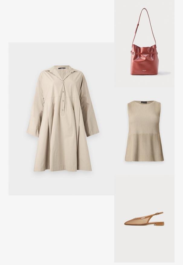 Ærmeløs beige ribstrikket top med rund halsudskæring og udvidet kant, vist på en hvid baggrund.; Beige skjortekjole med lange ærmer, krave, knaplukning foran og en udvidet, løs pasform under taljen.; Brun slingback flad sko med spids tå, tynd rem med spænde og lav blokhæl på hvid baggrund.; Brun skuldertaske i læder med justerbar rem, samlet top og en smal bælte-detalje tværs over midten, præget med mærkets logo.