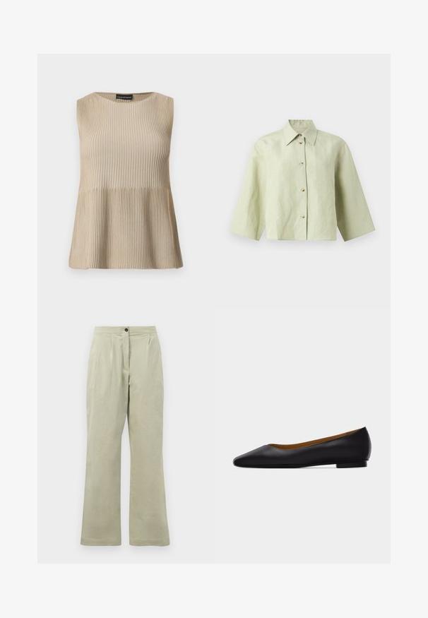 Mouwloos beige geribd gebreid topje met ronde halslijn en uitlopende zoom, gepresenteerd tegen een witte achtergrond.; Lichtgroen cropped shirt met brede mouwen, puntige kraag en een voorste knoopsluiting met vijf knopen.; Lichtgroene wijde broek van zacht materiaal, met een knoopsluiting aan de voorkant, plooien en een nette zoom.; Zwarte leren puntschoen met lage hak en gladde afwerking, zijaanzicht op een lichtgrijze achtergrond.