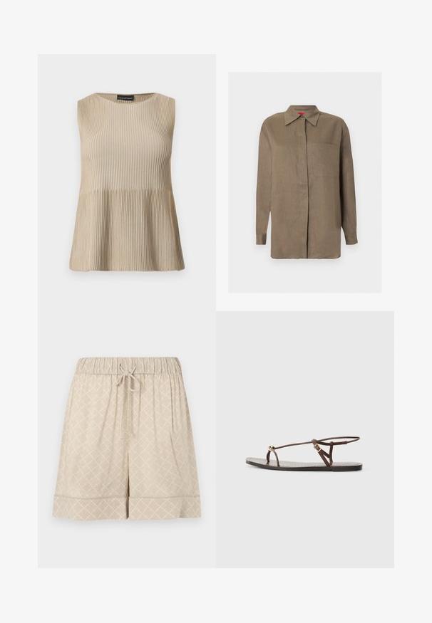 Ermeløs beige ribbestrikket topp med rund hals og vid kant, vist mot hvit bakgrunn.; Brun langermet skjorte med knapper, spiss krage og en enkel brystlomme, vist mot en ensfarget lys bakgrunn.; Beige shorts laget av mykt stoff med elastisk midjebånd, snøring og diamantmønster. Har en oppbrettet kant.; Brune lær sandaler med tynde stropper, en gylden cirkulær detalje og en flad sål. Minimalistisk design med justerbar spænde.
