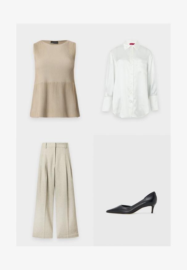 Haut beige sans manches en maille côtelée avec encolure ronde et ourlet évasé, présenté sur un fond blanc.; Blouse blanche à manches longues en satin avec col pointu, boutons sur le devant, poche poitrine et larges poignets sur un fond uni.; Pantalon à jambes larges en tissu gris clair avec une finition texturée, présentant des plis à l'avant et une ceinture plate, sans poches visibles.; Escarpin en cuir noir avec un bout pointu et un talon bas. Présente une texture lisse et un éclat subtil. Découpe ouverte à l'avant pour un détail supplémentaire.