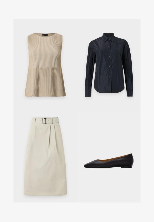 Haut beige sans manches en maille côtelée avec encolure ronde et ourlet évasé, présenté sur un fond blanc.; Chemise noire à manches longues avec boutons, col, tissu mat et poignets ajustés, présentée sur un fond clair neutre.; Jupe beige longueur genou avec pli avant et ceinture assortie dotée d'une boucle rectangulaire argentée, présentée sur un fond uni.; Chaussure plate en cuir noir à bout pointu avec talon bas et finition lisse, vue de côté sur un fond gris clair.