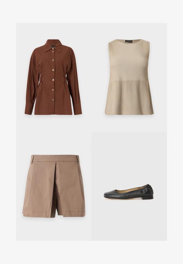 Haut beige sans manches en maille côtelée avec encolure ronde et ourlet évasé, présenté sur un fond blanc.; Chemise marron à manches longues avec boutons sur le devant, col large et détails de boucles latérales réglables, présentée sur un fond uni.; Shorts beige sur mesure avec pli central à l'avant, passants de ceinture et surpiqûres à l'ourlet, présentés sur un fond gris clair uni.; Ballerines en cuir noir avec un bout arrondi et des coutures minimales. Talon bas et rectangulaire avec une texture lisse. Détails subtils de doublure intérieure.