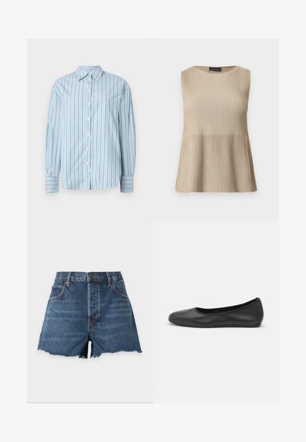 Haut beige sans manches en maille côtelée avec encolure ronde et ourlet évasé, présenté sur un fond blanc.; Chemise à manches longues bleu clair avec des rayures verticales vertes, boutonnière à l'avant et poignets rayés contrastants. Tissu lisse, design de col classique.; Short en denim bleu à taille haute, bouton sur le devant, fermeture éclair, deux poches avant, passants de ceinture et ourlets effilochés sur fond blanc.; Ballerines en cuir noir avec un bout rond, texture lisse, détails de couture minimalistes et design de semelle flexible.