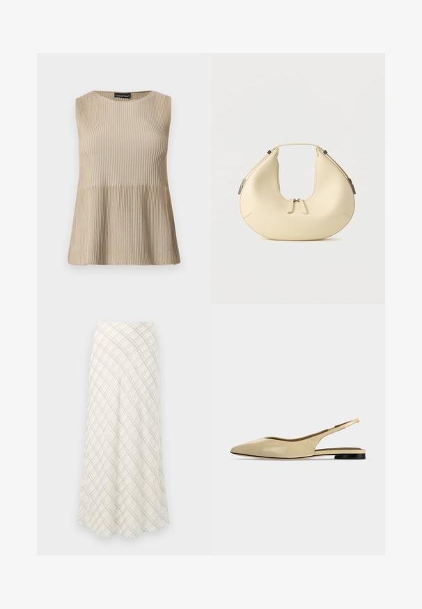 Haut beige sans manches en maille côtelée avec encolure ronde et ourlet évasé, présenté sur un fond blanc.; Jupe longue de couleur crème avec un motif à carreaux diagonal gris. Design fluide avec une texture lisse, s'évasant vers l'ourlet.; Chaussure plate beige à bout pointu avec bride arrière, petit talon noir et finition en cuir lisse, vue de côté sur un fond uni.; Sac à main beige en forme de croissant avec fermeture à double fermeture éclair et poignée courte, avec des détails en métal argenté sur les côtés.
