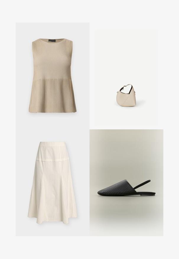 Haut beige sans manches en maille côtelée avec encolure ronde et ourlet évasé, présenté sur un fond blanc.; Jupe trapèze crème avec fines rayures verticales et une large ceinture ajustée, longueur au genou et ourlet fluide.; Mule plate noire texturée avec bout pointu fermé et fine bride élastique arrière, sur fond clair uni.; Sac à main en cuir beige en forme de croissant avec une seule bandoulière et des coutures minimalistes, posé sur un fond blanc uni.