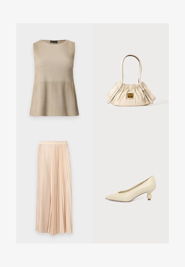 Haut beige sans manches en maille côtelée avec encolure ronde et ourlet évasé, présenté sur un fond blanc.; Jupe midi plissée bicolore beige avec ceinture élastique, combinant des plis fins et larges pour un look fluide et texturé.; Chaussure femme couleur crème à bout pointu avec un petit talon rond en forme de boule, sur fond uni.; Sac à main en cuir souple couleur crème avec le haut froncé, deux poignées et un petit fermoir rectangulaire doré à l'avant.