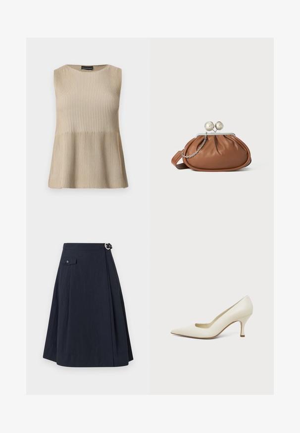 Mouwloos beige geribd gebreid topje met ronde halslijn en uitlopende zoom, gepresenteerd tegen een witte achtergrond.; Navyblauwe A-lijn rok met een zijknoopsluiting, voorzien van een voorzak en een soepele, lichte stof met een lichte glans.; Crèmekleurige leren pumps met spitse neus en een slanke, middenhoge hak op een effen lichte achtergrond.; Bruine leren clutch met een zilveren balsluiting en een klein zilveren kettingdetail op een witte achtergrond.