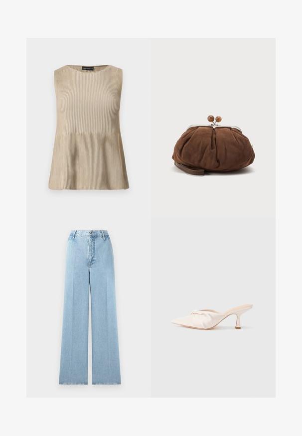 Haut beige sans manches en maille côtelée avec encolure ronde et ourlet évasé, présenté sur un fond blanc.; Jeans larges bleu clair en denim avec une taille haute, comprenant cinq passants de ceinture, une fermeture à bouton à l'avant et des coutures cousues.; Chaussure mule en tissu beige clair avec un design noué à l'avant, bout pointu et talon fin et effilé. Texture lisse dans l'ensemble.; Petit sac poignet en daim marron doux avec cadre en métal argenté et boules rondes marron de fermeture sur fond clair uni.
