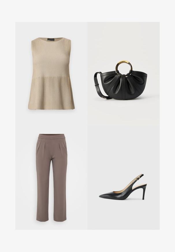 Haut beige sans manches en maille côtelée avec encolure ronde et ourlet évasé, présenté sur un fond blanc.; Pantalons amples taupe avec taille élastique et plis à l'avant, fabriqués en tissu lisse.; Escarpins en cuir noir avec une pointe fine, une bride ajustable et un talon aiguille élégant, présentant une finition lisse.; Sac à main en cuir noir avec plis, poignée circulaire en or et écaille de tortue, et bandoulière réglable sur fond blanc.
