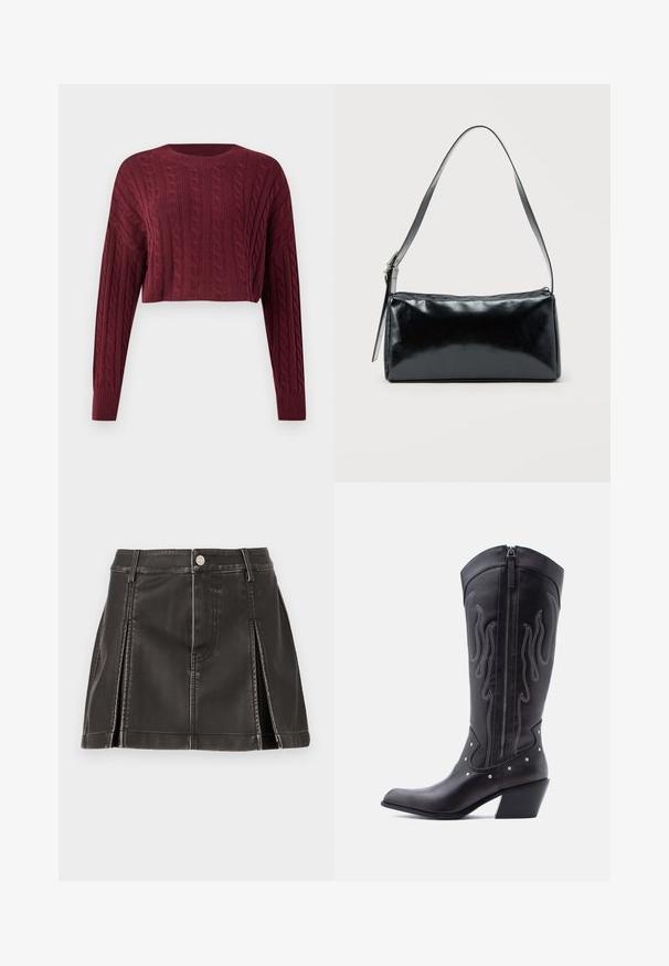 Bordeaux cropped trui met een kabelpatroon, lange mouwen en een geribbelde halslijn en manchetten, met een textuurstof.; Zwarte faux leren rok met een hoge taille, voorzien van gestikte details en zijplooien. Metalen knoopsluiting aan de voorkant.; Zwarte leren cowboylaarzen met een puntige neus, zichtbare stiksels, zilveren studaccenten en een ritssluiting aan de binnenkant.; Zwarte rechthoekige schoudertas met een enkele verstelbare band en een bovenste ritssluiting op een effen achtergrond.