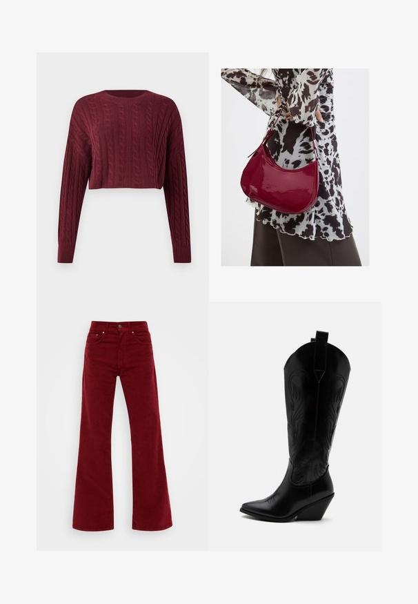 Bordeaux cropped sweater med et kabelstrik mønster, lange ærmer og ribkantet halsudskæring og manchetter, der viser tekstureret stof.; Bordeaux farvede fløjl flared jeans med høj talje, fem lommer og knaplukning foran. Blød tekstur med brede ben.; Sort læder cowboystøvle med spidst tåparti, skråt blokhælhæl, dekorative sømme og trækstropper øverst mod hvid baggrund.; Kvinde iført en sort- og hvidmønstret bluse, der holder en blank rød skuldertaske mod en ensfarvet baggrund.