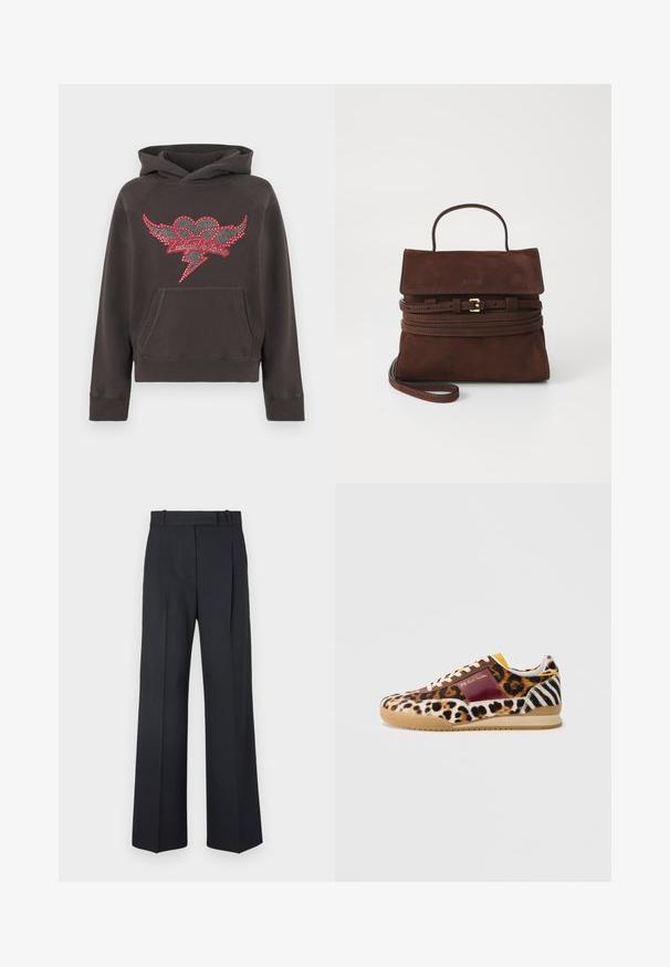Donkergrijze hoodie van zacht materiaal met een ontwerp van een hart en vleugels, versierd met rode en heldere strass-steentjes. Voorzijde met kangoeroezak.; Donkerblauwe pinstriped broek met een hoge taille, wijde pijpen en zonder zichtbare hardware of versieringen. Glad textuur en nauwkeurige pasvorm.; Sneakers hebben een combinatie van dierenprints: luipaard- en zebrapatronen op zacht textiel. Bruine suède accenten en een rubberen zool maken het ontwerp compleet.; Bruine leren handtas met een gestructureerd ontwerp, bovenhandgreep en afneembare schouderband. Voorzien van een klepsluiting en gouden hardwareaccenten.