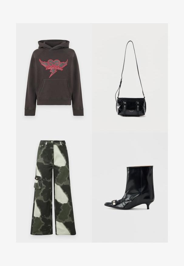 Donkergrijze hoodie van zacht materiaal met een ontwerp van een hart en vleugels, versierd met rode en heldere strass-steentjes. Voorzijde met kangoeroezak.; Wijde cargo-broek in donkergroen met lichtgrijze camouflageprint. Voorzien van een zijzak en metalen knoop, gemaakt van duurzaam katoen.; Zwarte leren enkellaars met een spits toelopende neus, lage kittenhak en een decoratieve zilveren gesp aan de zijkant bij de neus.; Zwarte leren schoudertas met verstelbare riem, twee verticale ritsen aan de voorkant en een klein metalen vleugelembleem onder de ritsen.