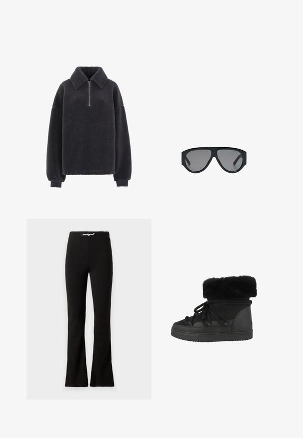 Fleesepullover i mørkegrå med en lynlås krave, dropped shoulder-sømme og elastiske manchetter. Blød tekstur med en afslappet pasform.; Sorte flaired leggings med en glat tekstur og elastisk talje, der har et hvidt logo. Designet til komfort og fleksibilitet.; Sorte ankelstøvler med kunstpels, der har struktureret materiale, rund tå og flad gummisål. Inkluderer snørebånd til lukning.; Store sorte pilot-solbriller med mørketonede linser, vist mod en hvid baggrund.