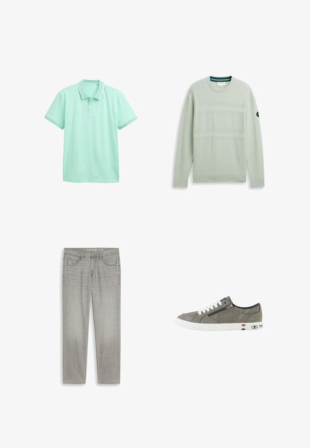 Pull long vert clair en maille avec rayures horizontales texturées, poignets et ourlet côtelés, et encolure ronde.; Polo shirt vert menthe avec une patte de boutonnage à trois boutons, col et poignets blancs contrastants. Présente une texture subtile et une broderie de la marque sur la poitrine.; Jean droit gris clair avec poches avant, passants de ceinture et fermeture par bouton, posé à plat sur fond blanc.; Baskets basses grises avec lacets blancs, fermeture éclair latérale et semelle blanche ornée de rayures rouges, blanches et bleues ainsi que du logo Tom Tailor.