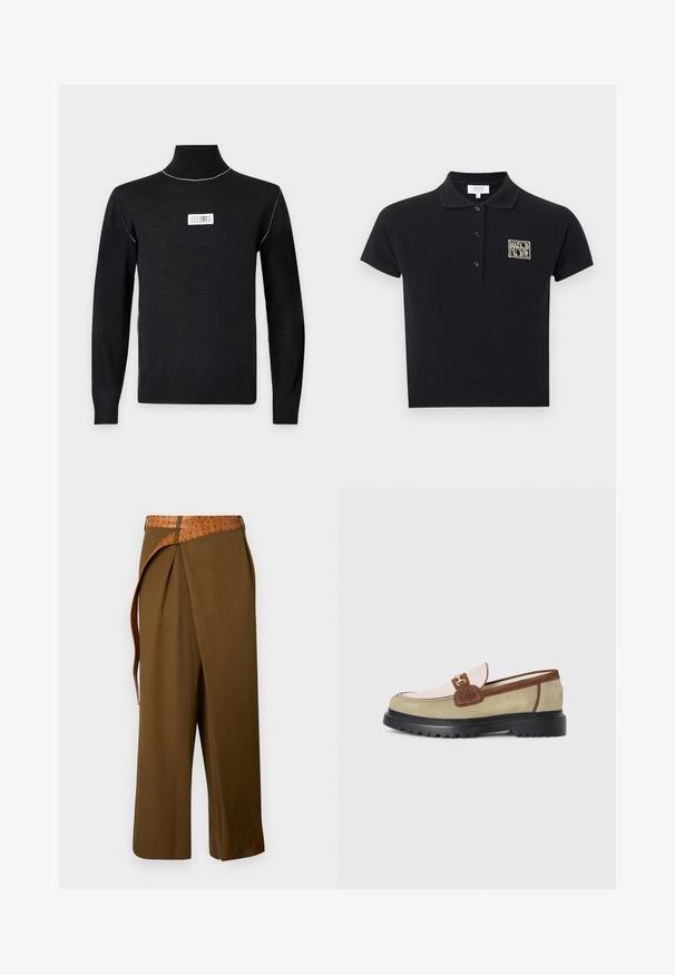 Pull noir à col roulé manches longues avec des coutures blanches sur les épaules et un petit patch logo rectangulaire blanc sur la poitrine.; Polo noir à manches courtes avec trois boutons et un petit écusson logo beige "Maison Kitsuné" sur le côté gauche de la poitrine.; Pantalon large marron à taille haute avec une ceinture texturée couleur tabac passée dans la boucle de la ceinture sur un fond uni.; Loafer avec des panneaux en suède beige, rose clair et marron, accent en boucle en métal doré et semelle épaisse en caoutchouc noir avec un motif de crans.