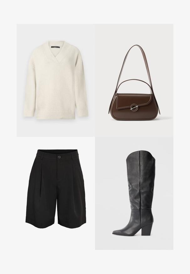 Pull à col en V en crème clair, fabriqué à partir d'un matériau doux. Présente des épaules tombantes, des poignets côtelés et une coupe décontractée.; Shorts noirs sur mesure à genoux avec fermeture à boutons, passants pour ceinture et plis avant.; Bottes noires en cuir, montant jusqu'au genou, avec un bout pointu et un talon épais. Le design présente une texture lisse et des lignes minimalistes.; Sac à épaule en cuir marron avec rabat incurvé et fermoir circulaire argenté, présenté sur un fond clair uni.