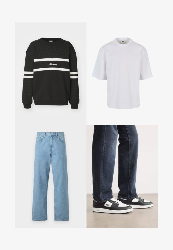 Zwarte sweatshirt met een gestructureerd patroon, voorzien van witte horizontale strepen en het "ellesse"-logo. Geribbelde manchetten en halslijn.; Witte, korte mouw t-shirt van katoen. Beschikt over een ronde hals en een losse pasvorm met een gladde textuur en geen zichtbare patronen of graphics.; Lichtblauwe denim jeans met een rechte pasvorm, vijf zakken, knoop- en ritssluiting, en een iets vervaagde afwerking.; Zwart-witte Lacoste sneakers met een gestructureerde leren bovenkant, voorzien van een vetersluiting en een witte rubberen loopzool. Gecombineerd met een donkere jeans.