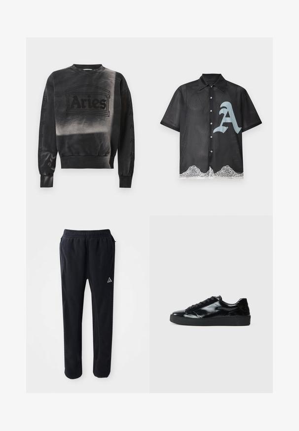 Sort crewneck sweatshirt med teksten "Aries" og arkitektonisk søjledesign foran, ribstrikkede manchetter og kant samt diskrete grafik på ærmerne.; Sort kortærmet mesh-knap-op-skjorte med stort gråt stiliseret "A" foran og hvid blonderkant langs den nederste kant.; Sorte atletiske bukser i et blødt, tekstureret materiale, med en elastisk talje, sidelommer og et trekantet logo-accent på låret.; Sorte laklæder sneakers med rund tå, snørredesign, tekstureret gummisål og en glat overflade.
