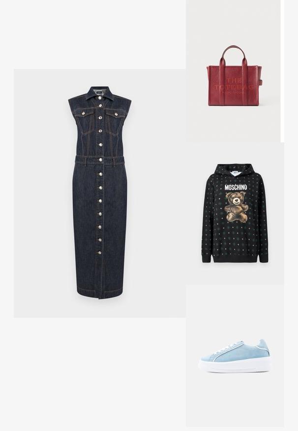 Sweat-shirt noir avec un motif d'ours en peluche doré, le texte "Moschino" au-dessus, et un motif de losanges verts et de formes grises sur toute la surface.; Robe midi en denim foncé sans manches avec fermeture à boutons sur le devant, deux poches à rabat sur la poitrine, un col et des surpiqûres contrastantes orange.; Baskets en daim bleu clair avec une semelle épaisse blanche, dotées de lacets blancs et d'un design minimaliste. Marque discrète sur le côté.; Sac fourre-tout en cuir rouge avec double poignées et "THE TOTE BAG MARC JACOBS" embossé au centre avant.
