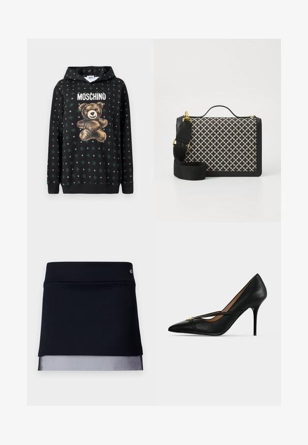 Sort sweatshirt med en teddybjørnsgrafik i guld, teksten "Moschino" over, og et mønster af grønne diamanter og grå former over det hele.; Sort nederdel med en tætsiddende talje og en gennemsigtig mesh kantdetalje. Stoffet er glat med et struktureret design og har en lille metalaccent.; Sort læder højhælet sko med spids tå og slank rem over toppen, fastgjort med en lille guldbælte på ensartet baggrund.; Sort håndtaske med et vævet mønster i kräm. Har en top håndtag, justerbar skulderrem, guldfarvet hardware og en struktureret rektangulær form.