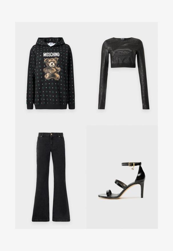 Sort sweatshirt med en teddybjørnsgrafik i guld, teksten "Moschino" over, og et mønster af grønne diamanter og grå former over det hele.; Sort langærmet cropped top med skinnende, våd-udseende finish og lille vanddråbemønster, rund halsudskæring og elastisk kant.; Sorte flared denim jeans med fem lommer, en frontlukning med knap og kontrastsyninger. Stoffet har en glat tekstur.; Sorte patenterede lædersandaler med tre stropper, ankelspænde og 10 cm stiletthæl. Har detaljer i guld og et logo charms.