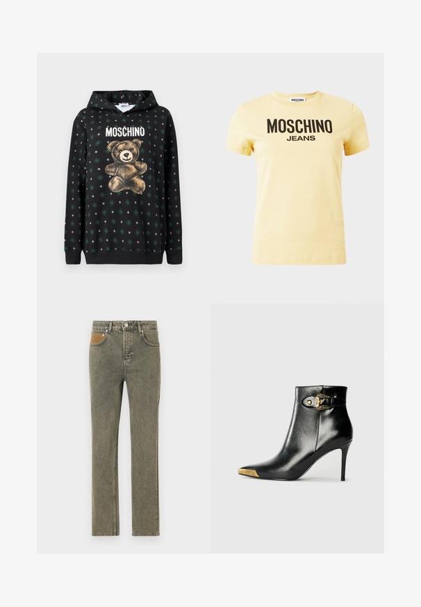 Sudadera negra con un gráfico de oso de peluche en dorado, texto "Moschino" arriba y un patrón de diamantes verdes y formas grises por todo el tejido.; Camiseta de manga corta de color amarillo claro con el logo negro "MOSCHINO JEANS" centrado en el frente sobre un fondo liso.; Jeans de mezclilla verde con un diseño de pierna recta, que cuentan con un bolsillo de acento de pana marrón y un sutil desgastado en toda la tela.; Botín negro hasta el tobillo fabricado en cuero brillante, con punta puntiaguda, tacón de aguja y detalles dorados con una hebilla decorativa.