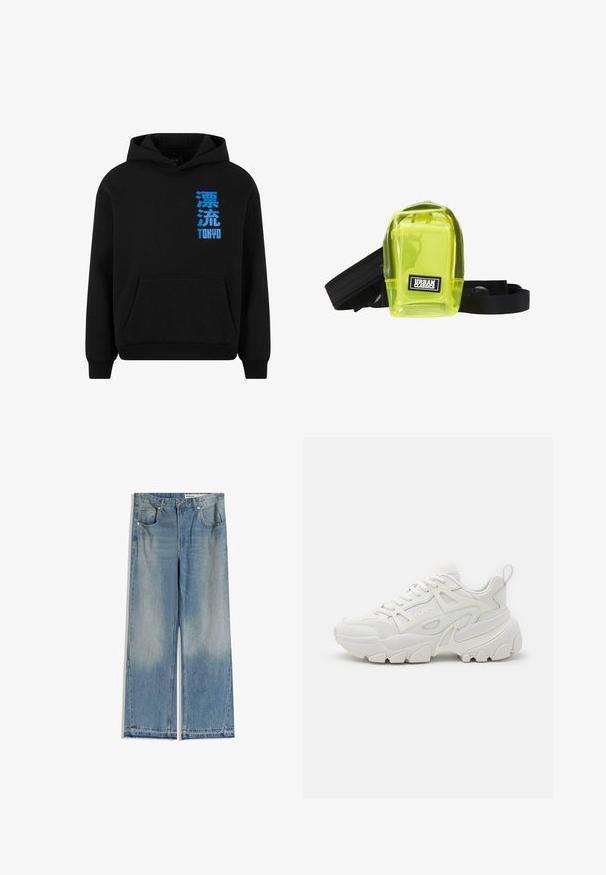 Haut à capuche noir avec une poche frontale, présentant du texte japonais bleu et "TOKYO" sur le côté gauche. Tissu doux, design à enfiler, poignets côtelés.; Jean large en denim bleu clair avec un délavage, comportant deux poches avant, une fermeture par bouton et une coupe droite avec des ourlets nets.; Des baskets de sport blanches avec une tige texturée, des panneaux en maille, une semelle en caoutchouc proéminente et des découpes décoratives sur les côtés.; Sac en plastique transparent vert néon avec une fermeture zippée, des sangles noires et un patch logo "Urban Classics" à l'avant. Design compact et rectangulaire.