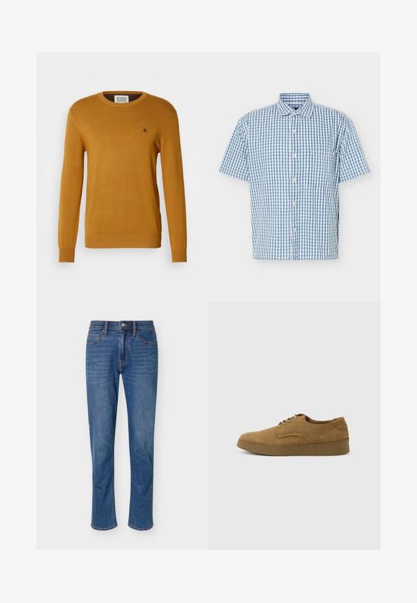 Pull en tricot jaune moutarde avec un col rond, des manches longues et des poignets côtelés. Présente un petit logo noir sur la poitrine.; Chemise à manches courtes avec boutons, motif vichy bleu clair et blanc et poche poitrine sur fond blanc.; Jean droit bleu en denim avec fermeture devant à bouton et zip, cinq poches et légère décoloration aux cuisses.; Chaussure décontractée à lacets en daim marron avec semelle en caoutchouc plate, vue de côté sur un fond clair uni.
