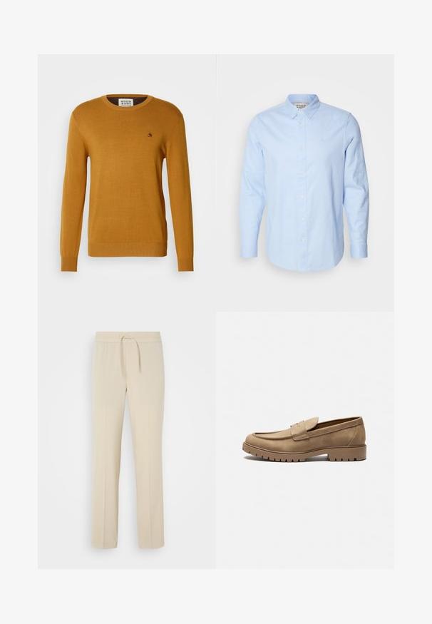 Pull en tricot jaune moutarde avec un col rond, des manches longues et des poignets côtelés. Présente un petit logo noir sur la poitrine.; Chemise bleu clair à manches longues avec un col boutonné, boutons blancs et logo brodé discret sur la poitrine gauche.; Pantalons beiges à taille élastique avec cordon de serrage. Comprend des jambes droites et une texture lisse, adaptés pour un usage décontracté ou pour se détendre.; Mocassins en daim beige avec un bout arrondi, semelle en caoutchouc plate et coutures décoratives sur la tige. Dispose d'un design à enfiler sans lacets.