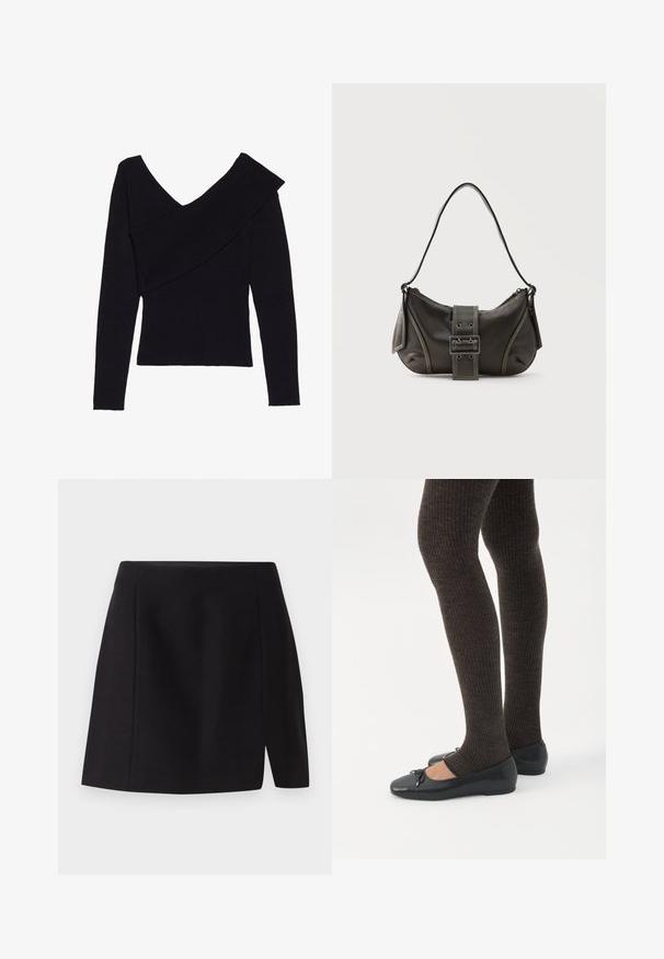 Even&Odd Pullover - black; Mini-jupe noire en tissu lisse, dotée d'une taille ajustée et d'une fente à l'avant qui apporte une touche moderne à son design simple.; Jambes portant des leggings côtelés foncés associés à des ballerines noires avec de petits détails en nœud sur fond blanc.; Sac à épaule en cuir noir avec une sangle à boucle, des bords arrondis et des coutures blanches contrastées sur un fond uni.