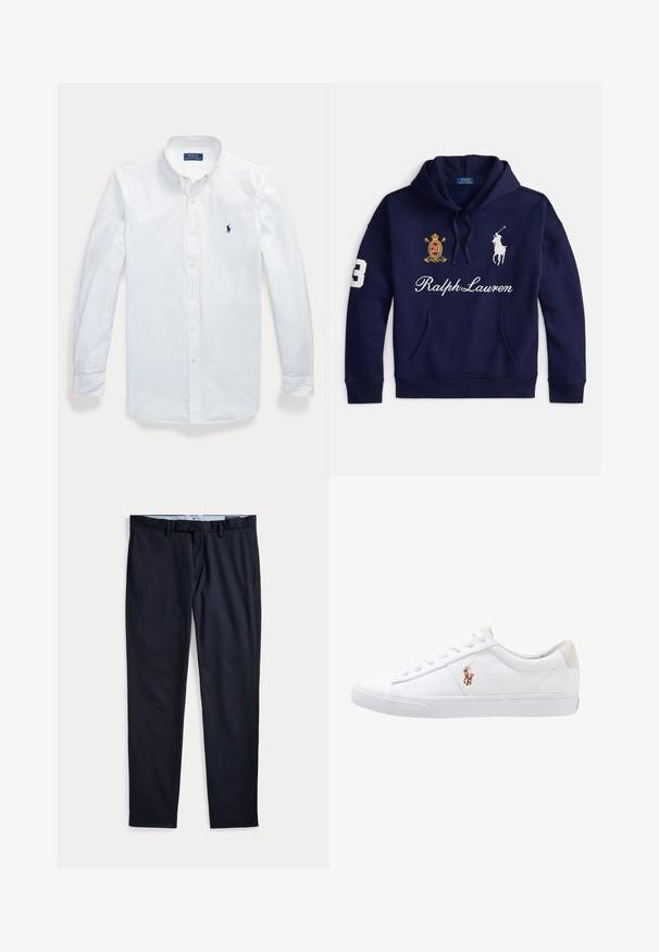Námornícky modrá mikina s kapucňou s predným vreckom, bielym logom Polo Ralph Lauren, vyšívaným erbom s číslom 20 a číslom 3 na rukáve.; Biela košeľa s dlhým rukávom, gombíkmi a golierom, vyšívané logo Polo Ralph Lauren na ľavej strane hrude.; Pánske spoločenské nohavice námornícko modrej farby s pútkami na opasok, zipsom a bočnými vreckami, položené na bielom pozadí.; Biele plátenné tenisky s nízkym strihom, ktoré majú béžový opasok na päte a malé vyšívané logo na boku. Gumová podrážka.