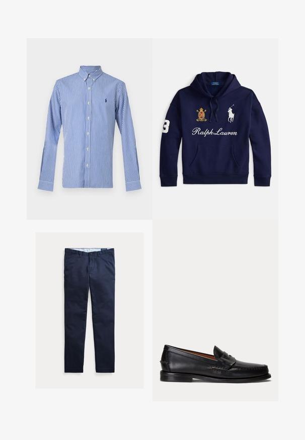 Marineblå hættetrøje med frontlomme, hvid Polo Ralph Lauren-logo, broderet våbenskjold med nummer 20 og nummer 3 på ærmet.; Blå og hvide, lodrette stribede, langærmede skjorte med knapper og knappet krave samt en lille marineblå broderet logo på venstre bryst.; Marineblå herre chinos med slank pasform, bæltestropper, forreste knap og lommer, vist fladt på en hvid baggrund.; Sort læderloafer med lav hæl og pennyremdetalje, vist fra siden på en lysegrå baggrund.