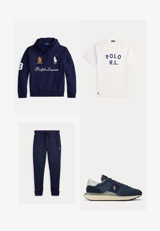 Marineblauwe hoodie met een voorvak, wit Polo Ralph Lauren-logo, geborduurde crest met nummer 20 en nummer 3 op de mouw.; Wit T-shirt met korte mouwen met donkerblauwe tekst "POLO R.L." op de borst en een klein donkerblauw Polo Ralph Lauren-logo vlak bij de onderzoom.; Donkerblauwe joggingbroek met witte zijpanelen, elastische tailleband met trekkoord, geribbelde boorden en een klein geborduurd logo op het bovenbeen.; Donkerblauwe en witte sneaker met suède en stoffen panelen, wit logo aan de zijkant, witte hielriem en beige zool met zwart profiel.