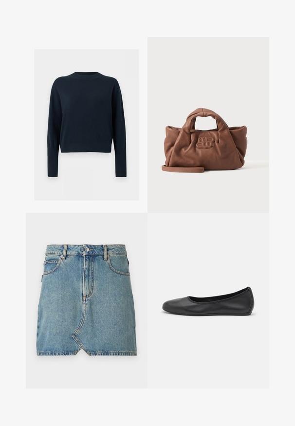 Mørk marineblå rundhalset sweater med lange ærmer og ribstrikkede manchetter og kant, vist på en ensartet lys baggrund.; Lysblå denimnederdel med rå kant og skrå lomme foran, prydet med kontraststing og en enkelt knaplukning ved taljen.; Sort læderballetsko med rund tå, glat tekstur, minimal syning og et fleksibelt såldesign.; Blød brun lædertaske med korte håndtag, et forrest syet logo og en aftagelig lang rem på en enkel lys baggrund.