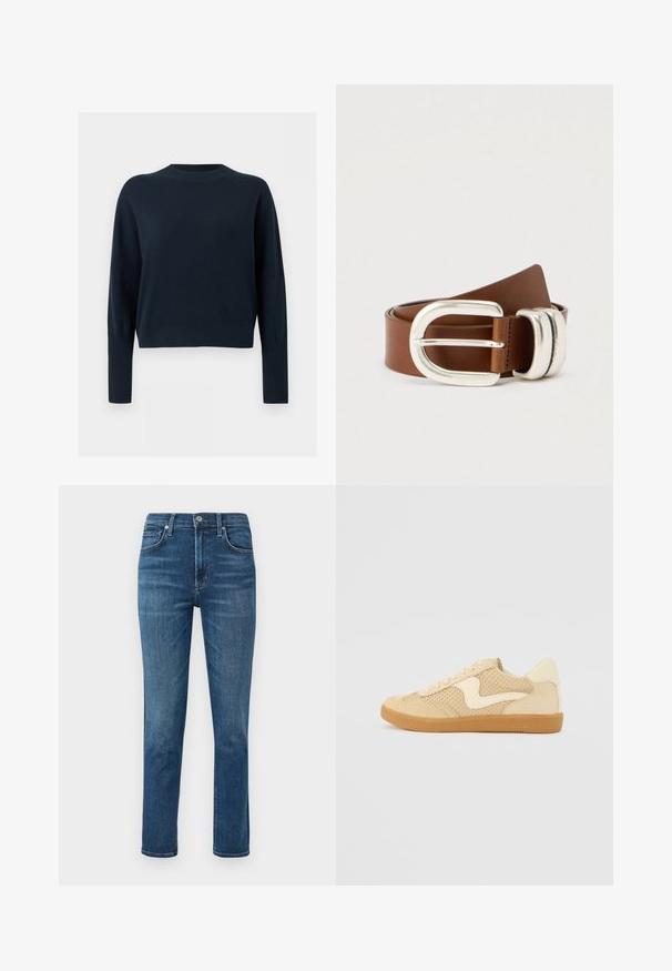 Dunkel marineblauer Pullover mit Rundhalsausschnitt, langen Ärmeln sowie gerippten Bündchen und Saum, auf hellem einfarbigem Hintergrund dargestellt.; Dunkelblaue Denim-Jeans mit geradem Bein, fünf Taschen-Design und einem Metallknopf an der Taille. Dezente Ausbleichungen und Nähedetails.; Beige Sneaker aus Wildleder und Mesh-Materialien, runde Form, auffälliger gepolsterter Kragen und eine Sohle aus Gummi. Verfügt über ein wellenförmiges Design-Highlight.; Brauner Ledergürtel mit einer breiten silbernen Metallschnalle. Der Gürtel hat eine glatte Textur und ein klassisches Design mit abgesteppten Details.