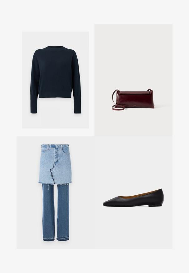Mørk marineblå rundhalset sweater med lange ærmer og ribstrikkede manchetter og kant, vist på en ensartet lys baggrund.; Denim beklædning, der kombinerer en lys blå miniskørt ovenfor og mørkeblå udvidede jeans nedenfor; har frynset kant og klassisk denimtekstur.; Sort læder flad sko med spids tå, lav hæl og glat finish, vist fra siden på en lysegrå baggrund.; Bordeaux læder crossbody taske med en glat tekstur, rektangulær form, flaplukning og en tynd justerbar rem. Guldlogo detalje synlig.