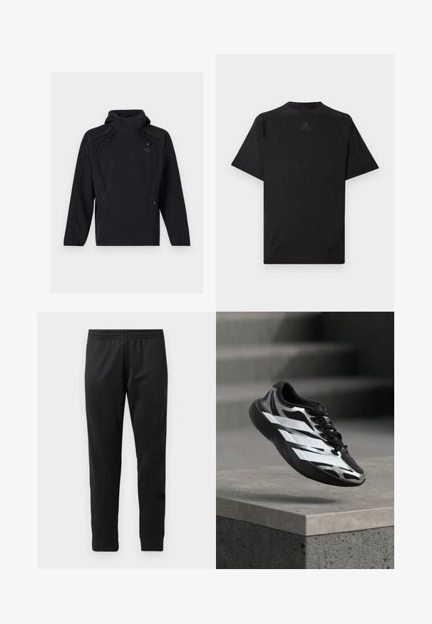Zwarte pullover met lange mouwen en capuchon, hoge kraag, verstelbare trekkoorden, ritssluitingen in de zijzakken en subtiel Adidas-logo op de borst.; Zwart sportief T-shirt met korte mouwen, ronde halslijn en flatlocknaden. Voorzien van een reliëflogo boven in het midden. Gladde textuur.; Zwarte sportbroek van gladde stof, met een elastische tailleband, taps toelopende pijpen en ribgebreide manchetten bij de enkels.; Zwart-zilveren sportschoen met witte strepen in de lucht boven een betonnen richel, trap treden wazig op de achtergrond.