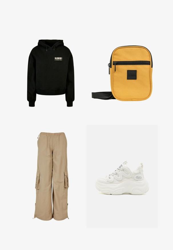 Sort cropped hoodie lavet af blødt bomuldsstof. Har en justerbar hætte og ribbede manchetter. Frontdesignet inkluderer teksten: "HAWAI E KOMO MAI."; Beige cargo bukser med elastisk talje, to sidelommer og mesh-detaljer; fremstillet af letvægts, tekstureret stof.; Hvide chunky sneakers med overdel i mesh og syntetisk materiale, buet form, tekstureret sål og fremtrædende snøresystem med logo detaljer.; Gul stof crossbody taske med en struktureret overflade, frontlomme med lynlås, sort lynlås og justerbar rem. Har et firkantet mærke.
