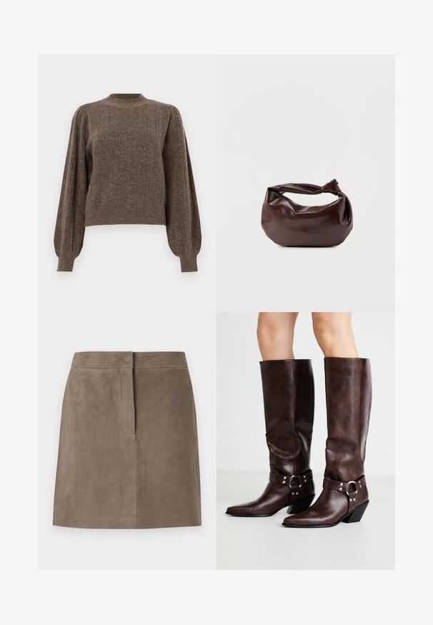 Bruin gebreid sweater met een geribbelde textuur, ronde halslijn en ballonmouwen, met verticale lijnen en een cropped ontwerp.; Taupe knielange suède rok met een rechte pasvorm en een verborgen naad aan de voorkant, tegen een effen achtergrond.; RAID NEVIS - Cowboy-/Bikerlaarzen - brown; Donkerbruine leren schoudertas met een zachte, slungelige vorm en een gedraaide knoopvormige handgreep op een effen witte achtergrond.