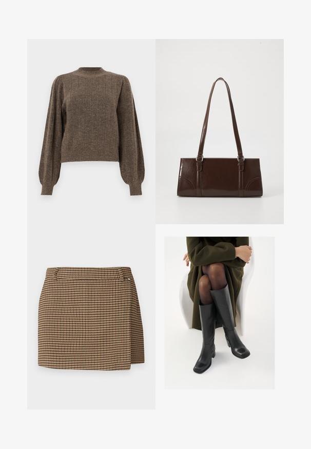 Brun strikket trøje med ribbet tekstur, rund halsudskæring og ballonærmer, der har lodrette striber og en cropped design.; Brun og beige houndstooth-mønstereret miniskørt med en lille omslagseffekt og bæltestropper på en hvid baggrund.; Knæhøje sorte læder støvler med firkantet tå og blokhæl, vist med en model siddende i en olivengrøn frakke. Glat tekstur, minimal detaljer.; Brun lakeret håndtaske med rektangulær form, to lange håndtag og subtile buede detaljer på fronten.